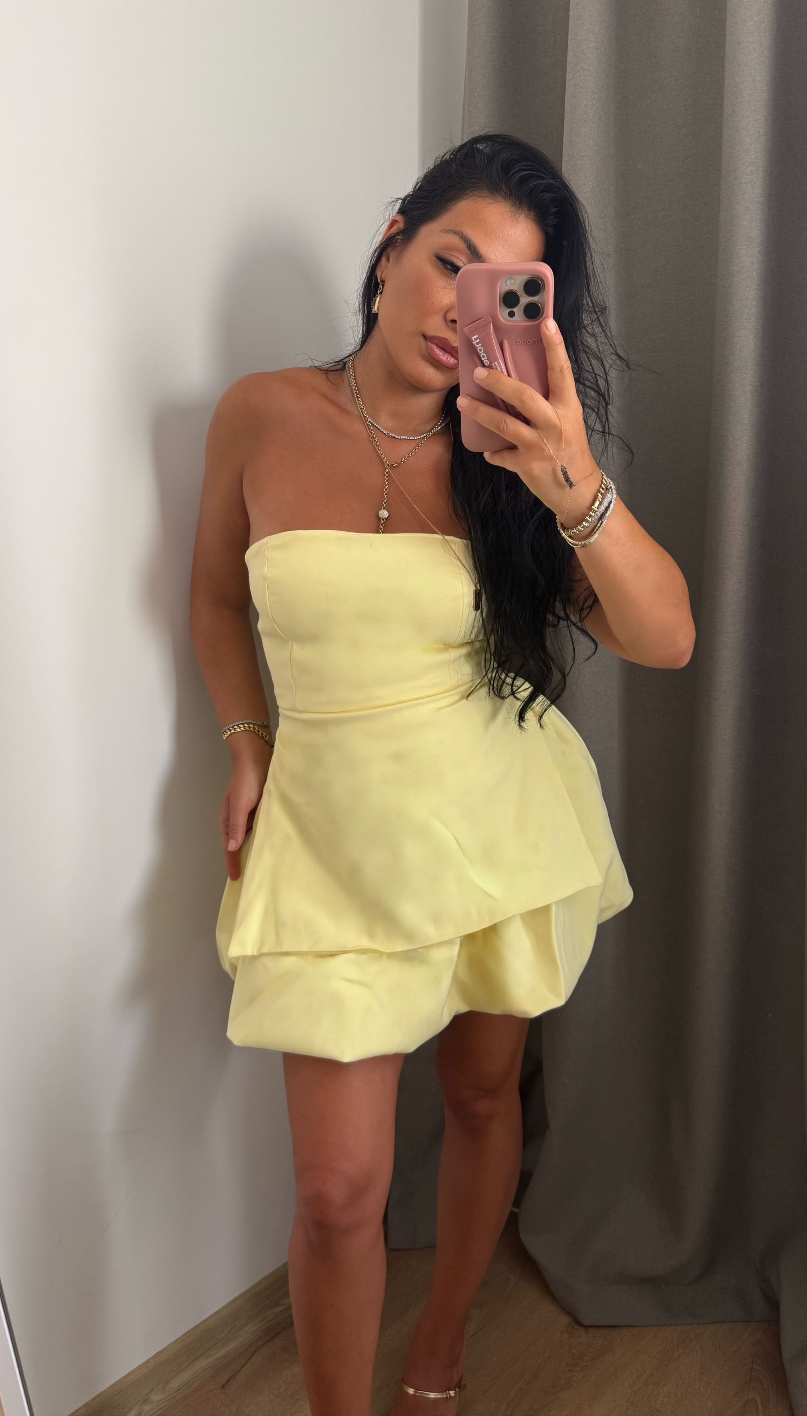 STRAPLEZ BALON ETEK DETAYLI ELBİSE