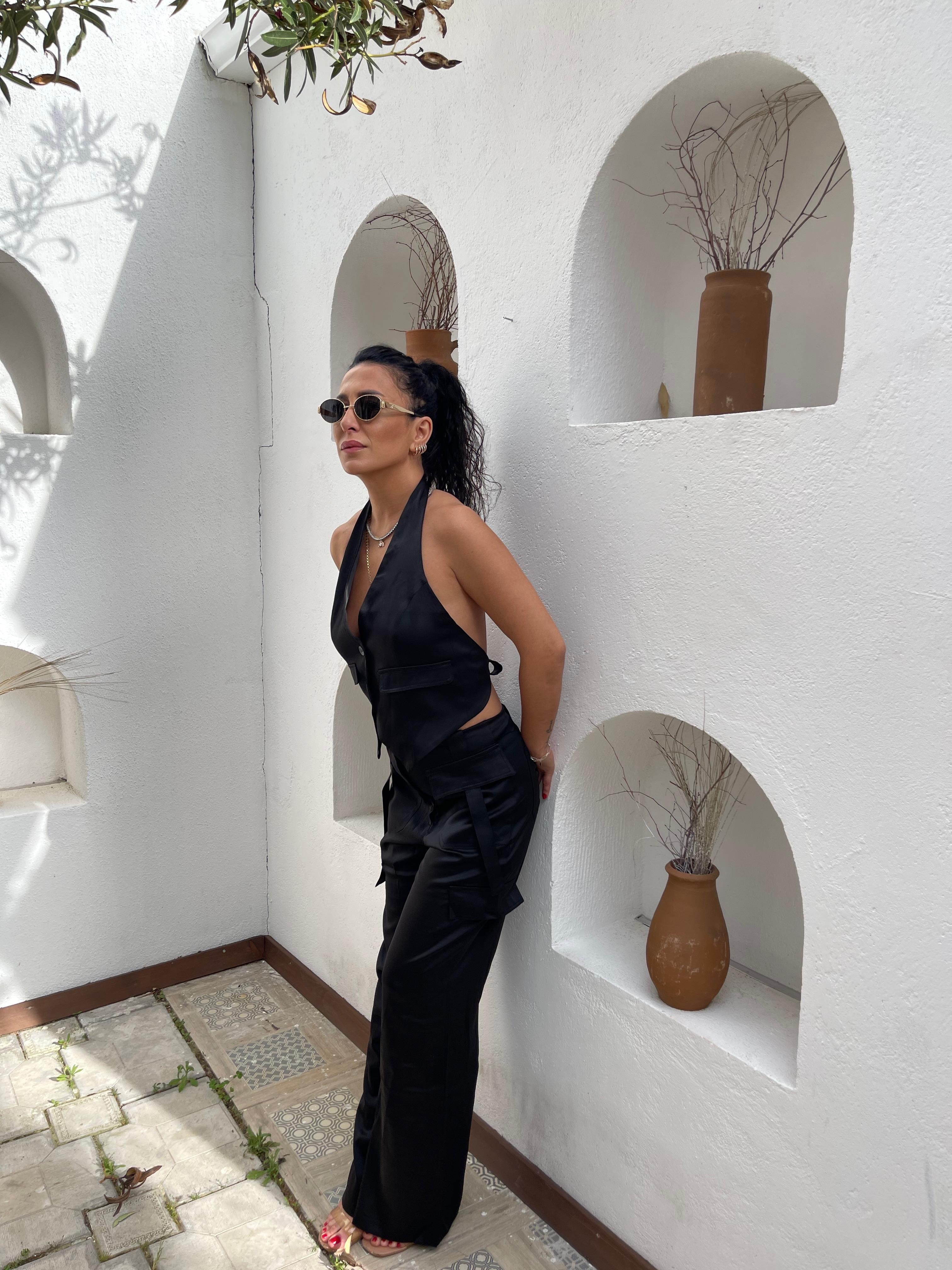 PREMİUM SATWN KUMAŞ SIRT DEKOLTELİ YELEK - PANTOLON TAKIM