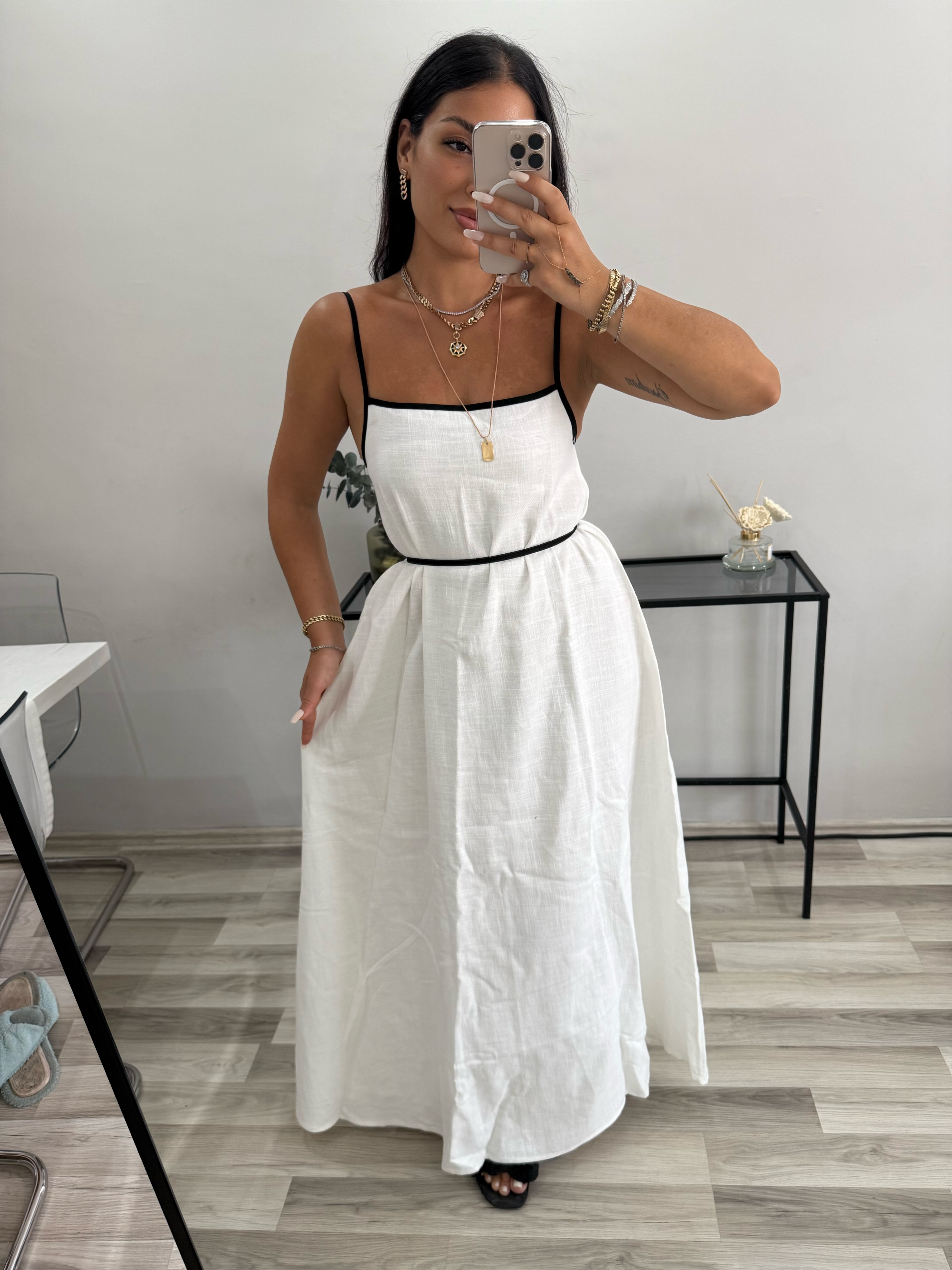 PREMİUM BİYELİ MAXİ BOY KETEN ELBİSE 