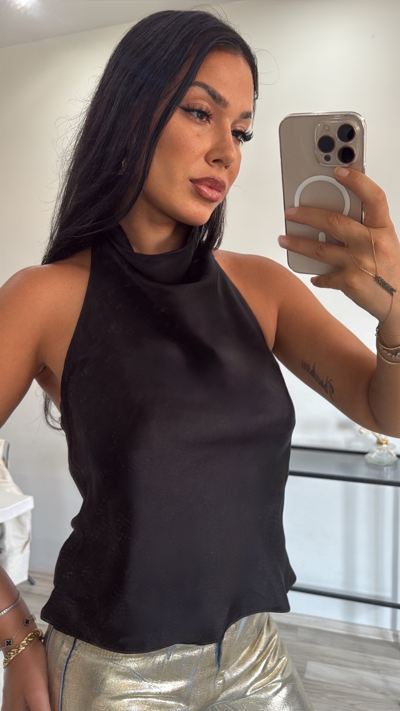 HALTER YAKA SATEN BLUZ 