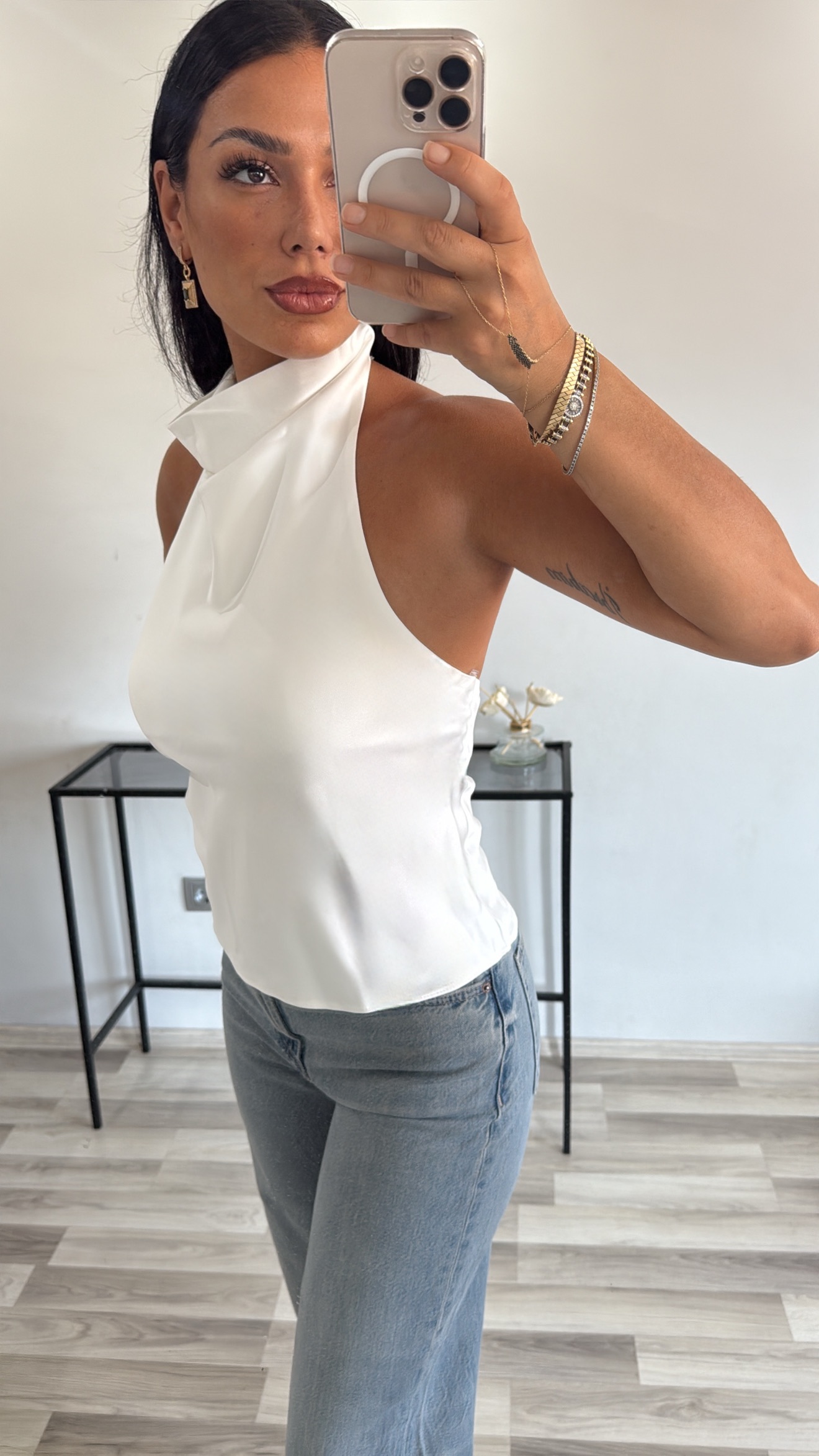 HALTER YAKA SATEN BLUZ