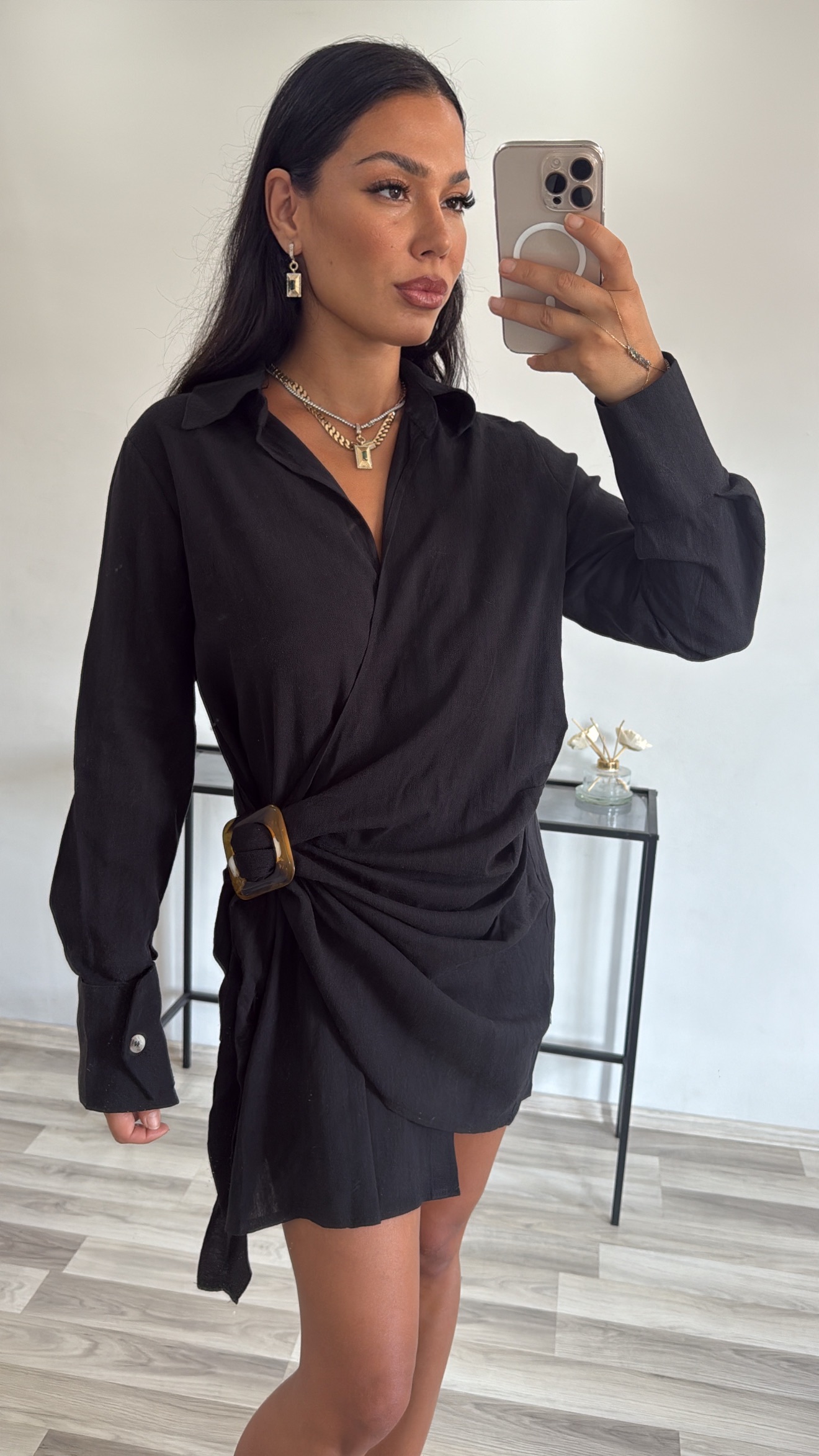 TOKA DETAYLI AYARLANABİLİR KETEN ELBİSE