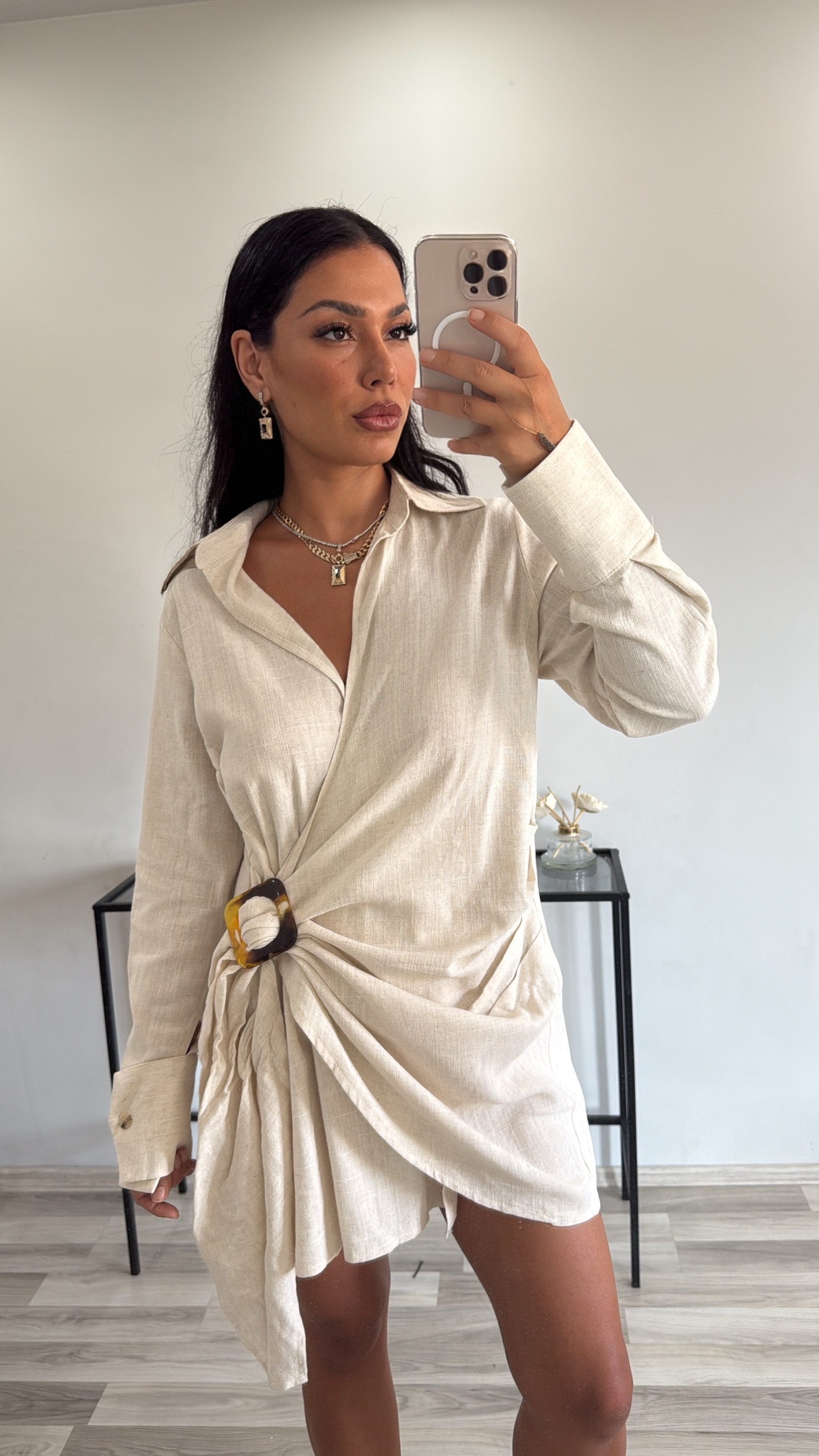 TOKA DETAYLI AYARLANABİLİR KETEN ELBİSE