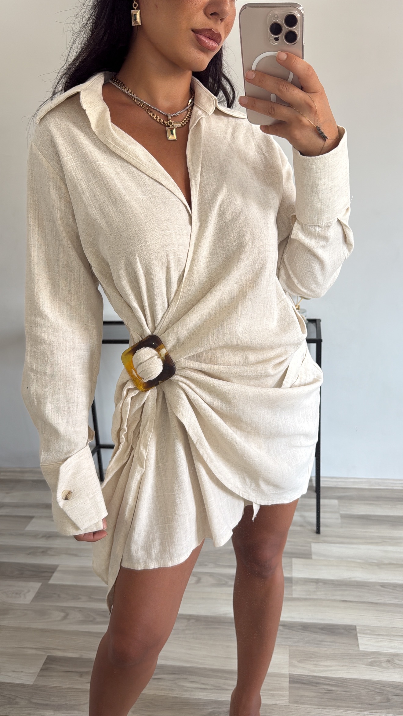 TOKA DETAYLI AYARLANABİLİR KETEN ELBİSE